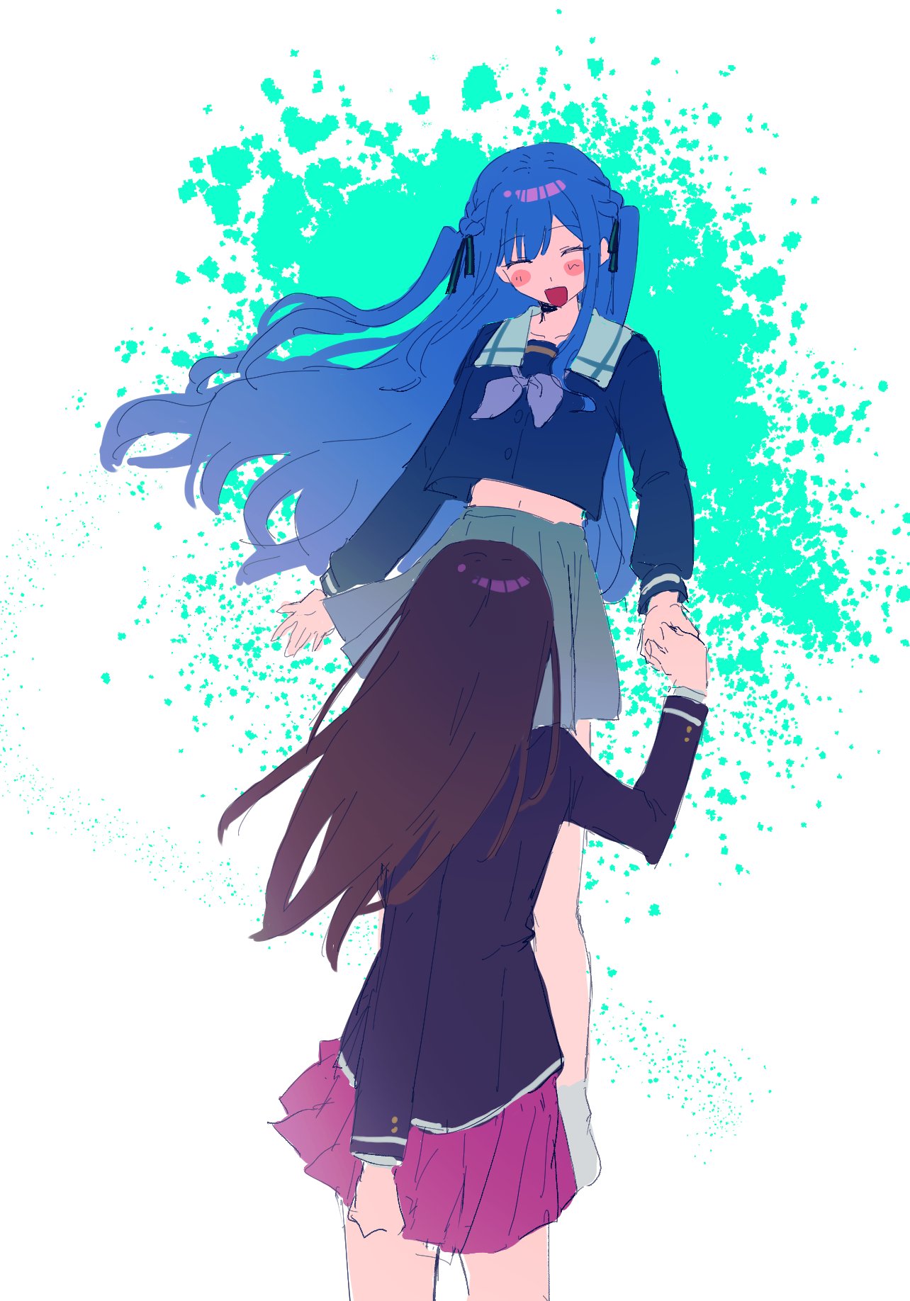 2girls, bang_dream!, bang_dream!_it's_mygo!!!!!, birthday1730225, black_jacket, blue_hair, blue_shirt, brown_hair