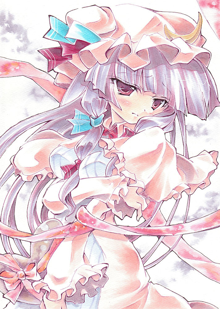 arm_holding, arm_hug, bangs, blunt_bangs, blush, bow, breasts, bust, capelet, color_ink_(medium), crescent, hair_bow, hat, heart, long_hair, looking_away, marker_(medium), meguri_uguisu, patchouli_knowledge, purple_eyes, purple_hair, ribbon, robe, sad, shy, sidelocks, solo, touhou, traditional_media, valentine, violet_eyes