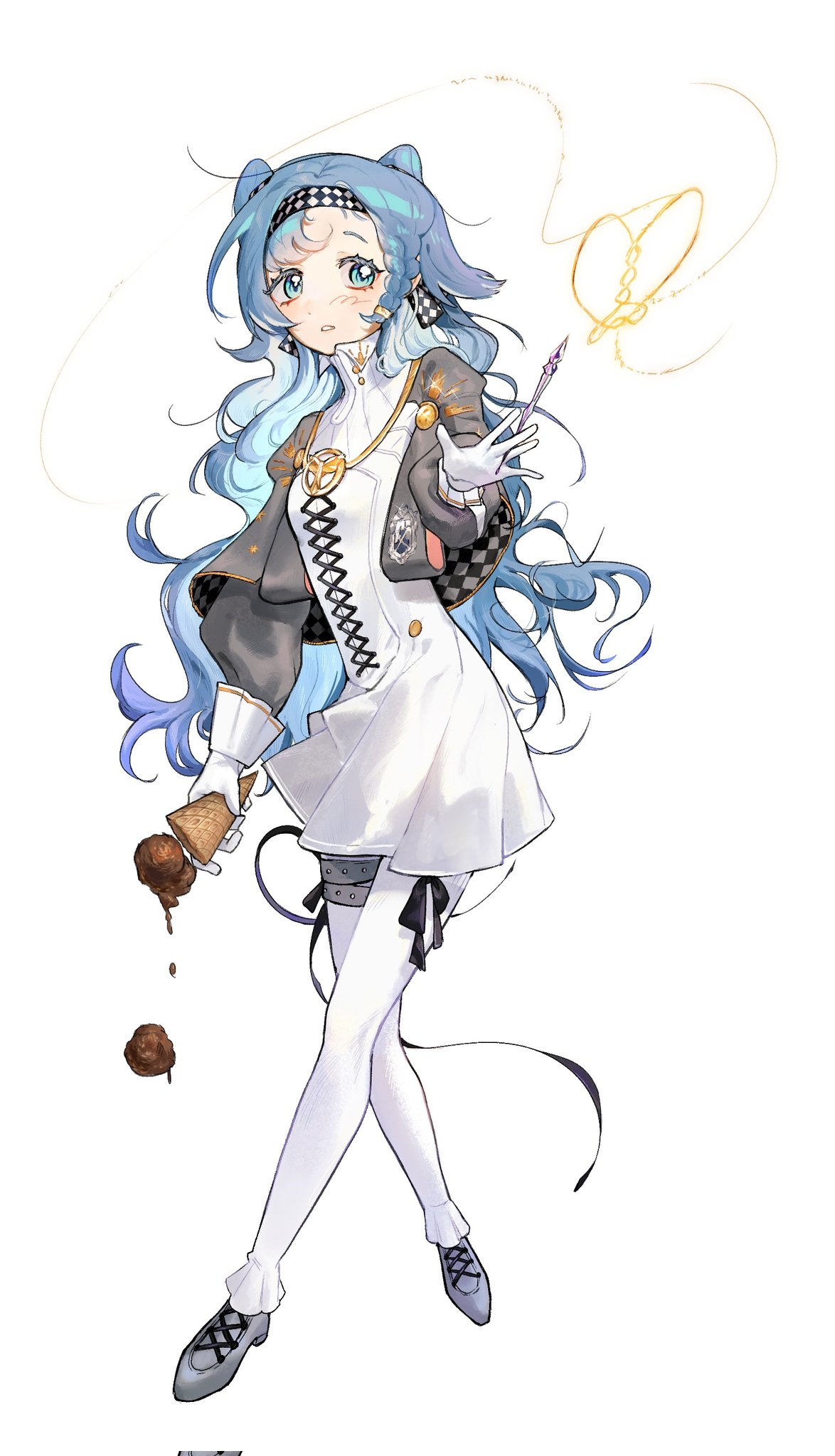 1girl, 37_(reverse:1999), alternate_hairstyle, asymmetrical_bangs, between_fingers, blue_eyes, blue_hair, checkered_hairband