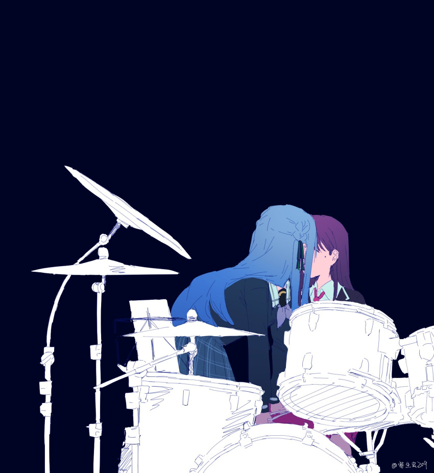 2girls, bang_dream!, bang_dream!_it's_mygo!!!!!, birthday1730225, black_jacket, black_ribbon, blue_background, blue_hair, blue_shirt, blue_skirt, commentary, drum, drum_set, hair_ribbon, haneoka_school_uniform, highres, instrument, jacket, kiss, long_hair, long_sleeves, mole, mole_under_eye, multiple_girls, necktie, plaid_clothes, plaid_skirt, purple_hair, purple_necktie, purple_skirt, ribbon, school_uniform, shiina_taki, shirt, sidelocks, simple_background, skirt, togawa_sakiko, tsukinomori_school_uniform, yuri