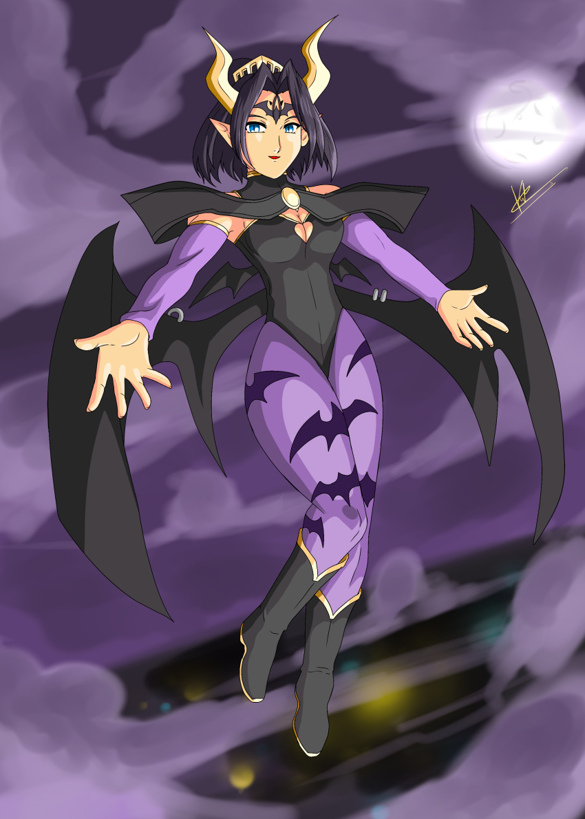 absurdres, animal_print, ankle_boots, bare_shoulders, bat_print, bat_wings, black_cloak, black_hair