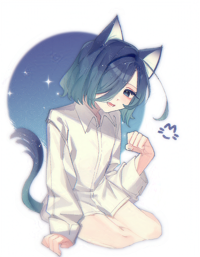 1girl, ahoge, alternate_costume, androgynous, animal_ears, arm_support, blue_background, blue_eyes, blue_hair, breasts, cat_ears, cat_girl, cat_tail, chi_kan100, collared_shirt, dress_shirt, full_body, gradient_hair, hair_over_one_eye, hand_up, head_tilt, kimi_no_koto_ga_dai_dai_dai_dai_daisuki_na_100-nin_no_kanojo, long_sleeves, looking_at_viewer, lower_teeth_only, multicolored_hair, nakaji_uto, no_pants, one_eye_covered, open_mouth, parted_bangs, paw_pose, shirt, short_hair, single_hair_intake, sitting, small_breasts, solo, sparkle, tail, teeth, white_background, white_shirt, yokozuwari