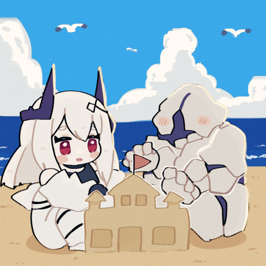 1girl, 1other, :o, arknights, beach, bird, black_choker, black_gloves, black_shirt, blue_sky, blush, blush_stickers, building_sand_sculpture, chibi, choker, clouds, commentary_request, day, demon_horns, flag, full_body, gloves, hair_between_eyes, hair_ornament, highres, horns, jumpsuit, long_hair, mudrock_(arknights), mudrock_(elite_ii)_(arknights), mudrock_colossus_(arknights), ocean, open_jumpsuit, open_mouth, outdoors, red_eyes, rock, sand_castle, sand_sculpture, seagull, shirt, sky, someyaya, white_hair, white_jumpsuit