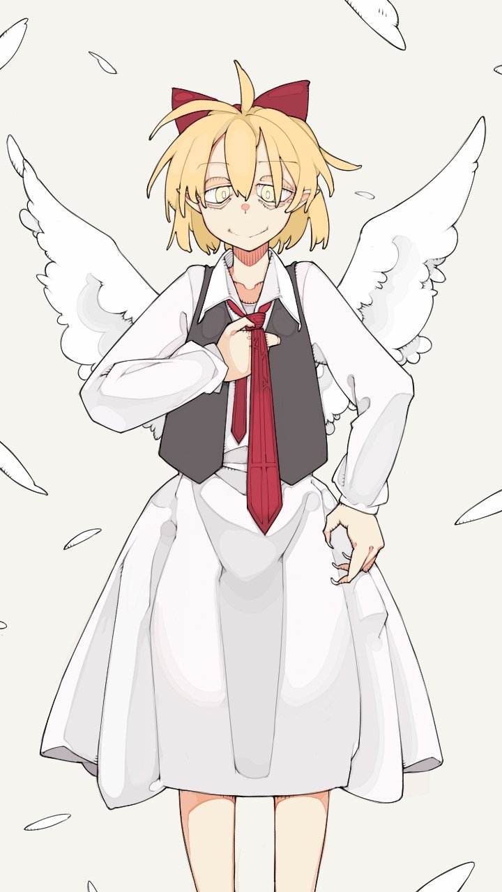 1girl, angel_wings, bags_under_eyes, black_vest, blonde_hair, bolos, collared_shirt, fingernails, gengetsu_(touhou), hair_ribbon, highres, necktie, pointy_ears, red_necktie, red_ribbon, ribbon, sharp_fingernails, shirt, short_hair, skirt, solo, touhou, vest, white_shirt, white_skirt, wings, yellow_eyes