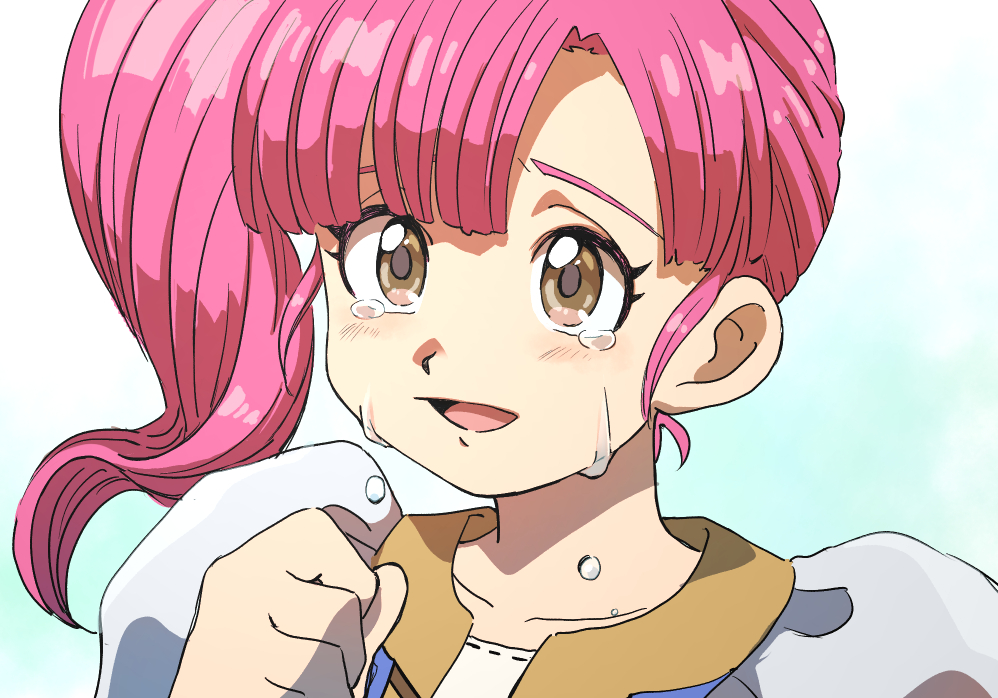1girl, aqua_background, blue_vest, blunt_bangs, brown_eyes, collarbone, commentary_request, crying