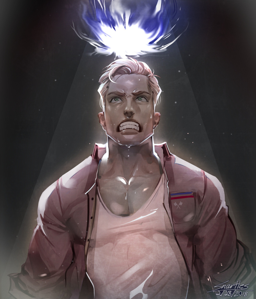 1boy, absurdres, blonde_hair, breast_pocket, carlos_(kyokugen_dasshutsu), clenched_teeth, commentary, dated, energy_ball, english_commentary, green_eyes, highres, jacket, kyokugen_dasshutsu, male_focus, open_clothes, open_jacket, pink_jacket, pocket, shirt, short_hair, signature, snartles, solo, spoilers, spotlight, sweat, teeth, upper_body, white_shirt, zero_escape:_toki_no_dilemma