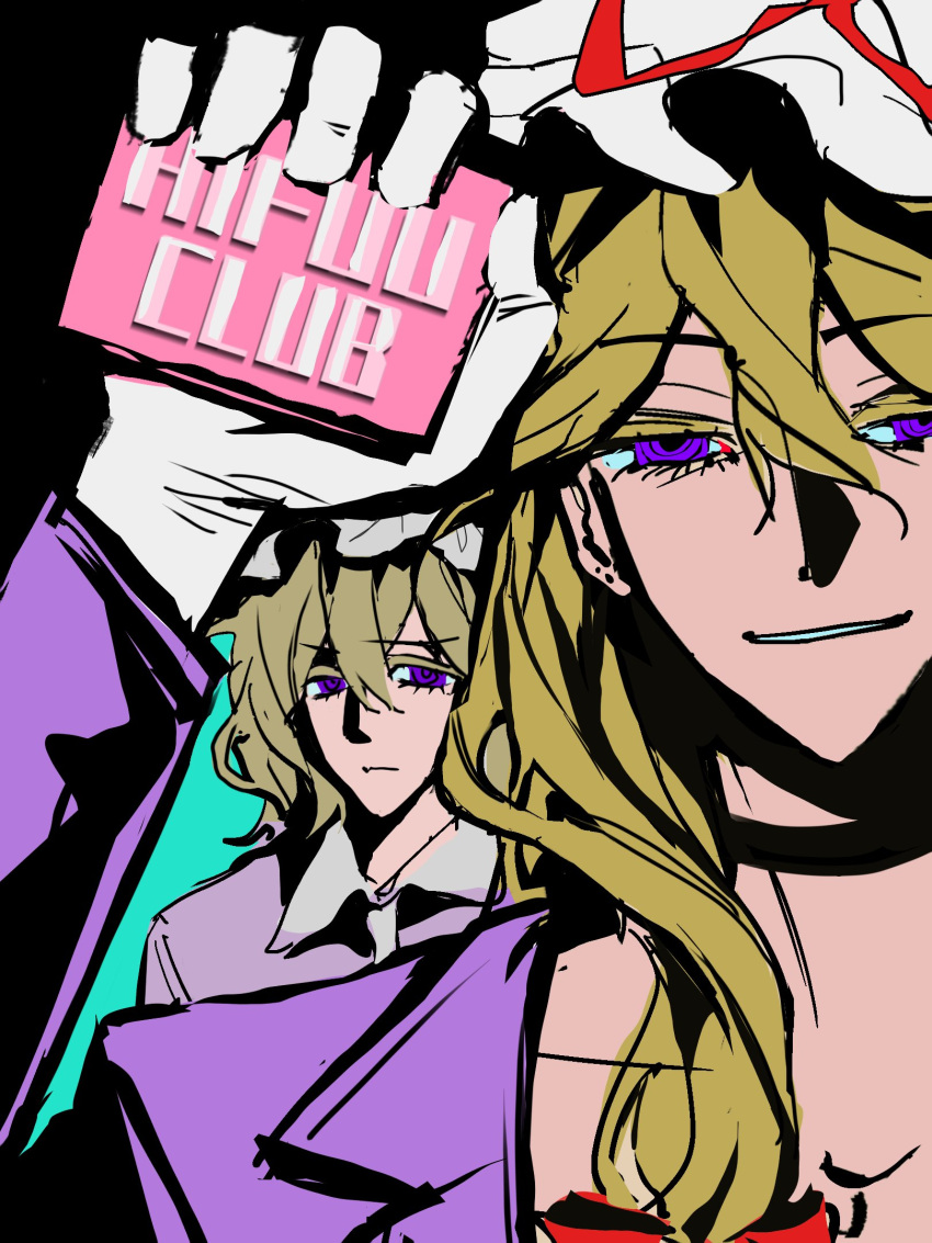 bar_soap, black_choker, blonde_hair, bow, choker, commentary, crossover, english_commentary