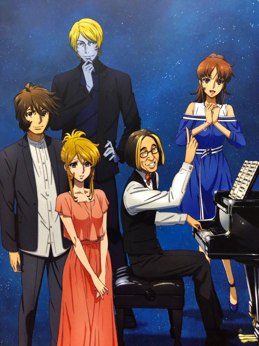 2girls, 3boys, alien, black_suit, blue_skin, character_request, closed_mouth, colored_skin