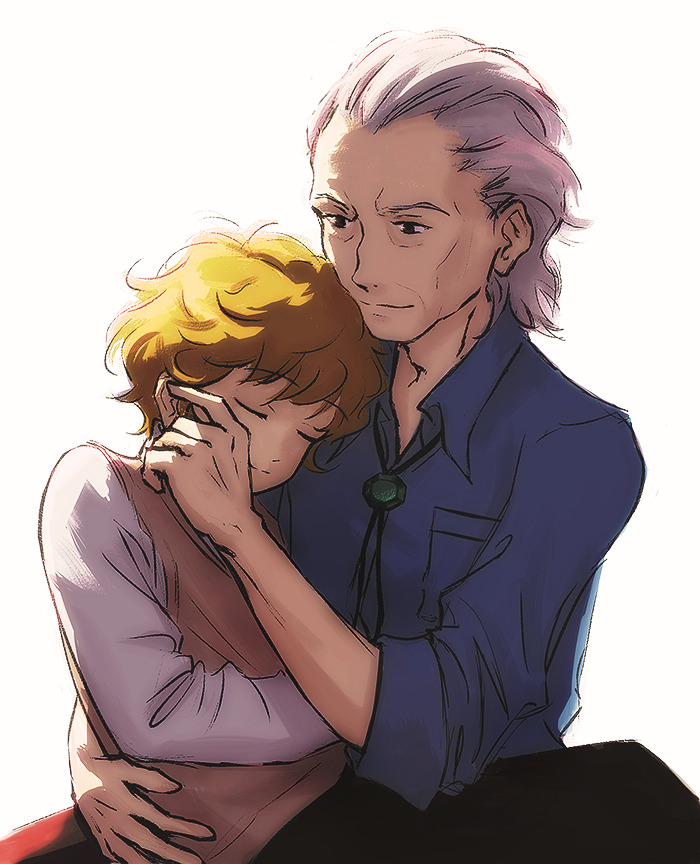 2boys, blonde_hair, blue_shirt, bolo_tie, breast_pocket, brown_vest, child, closed_eyes