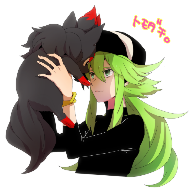 baseball_cap, bracelet, green_eyes, green_hair, hat, hinabu, holding, jewelry, long_hair, male, n_(pokemon), pokemon, pokemon_(game), pokemon_black_and_white, pokemon_bw, zorua