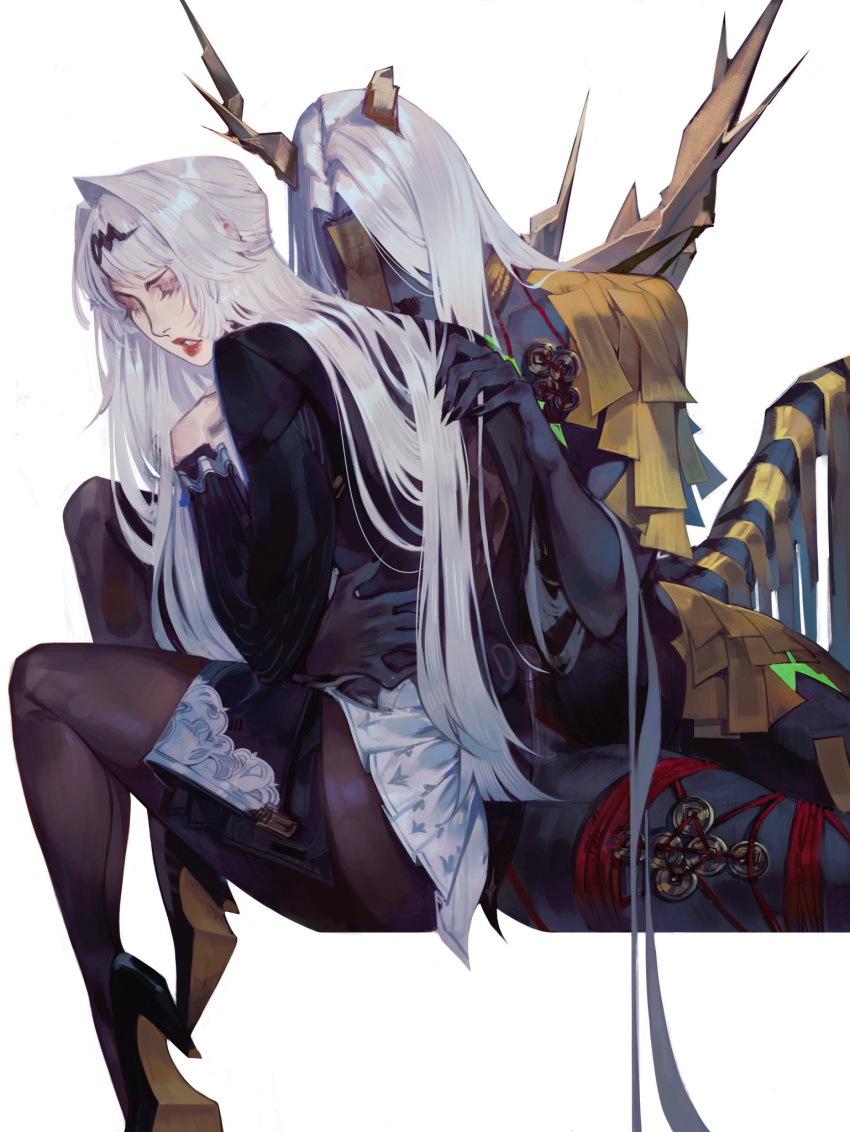 black_shoes, black_skin, bodystocking, closed_eyes, colored_skin, ethereal_(zenless_zone_zero), high_heels, highres, red_lips, shatukawa, shoes, siblings, simple_background, sisters, skirt, spoilers, white_skirt, yijiang_(zenless_zone_zero), yixuan_(trails_of_ink)_(zenless_zone_zero), yixuan_(zenless_zone_zero), zenless_zone_zero