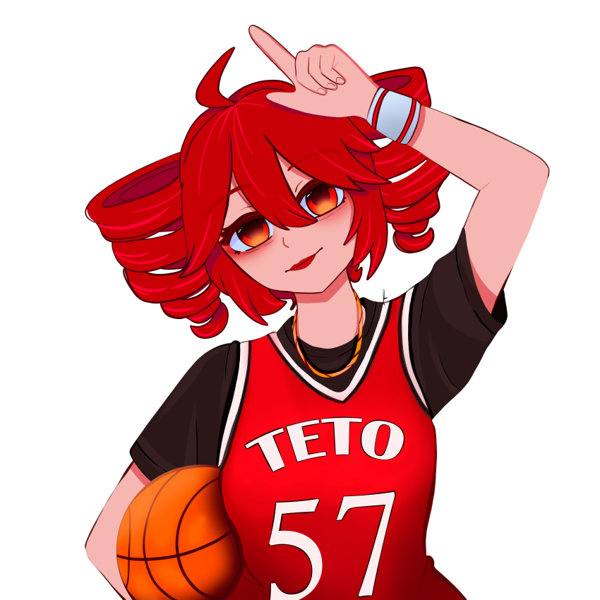 1girl, ahoge, arm_up, asketball_\(object\), ball, basketball, basketball_uniform, black_shirt, carrying_under_arm, drill_hair, feiveth, finger_raised, hair_between_eyes, head_tilt, holding, holding_ball, index, jersey, jewelry, kasane_teto, lipstick, looking_at_viewer, makeup, necklace, red_eyes, red_hair, red_lips, shirt, short_hair, short_sleeves, simple_background, sleeveless, smile, solo, sportswear, twin_drills, twintails, two-finger_salute, upper_body, vocaloid, white_background, wristband