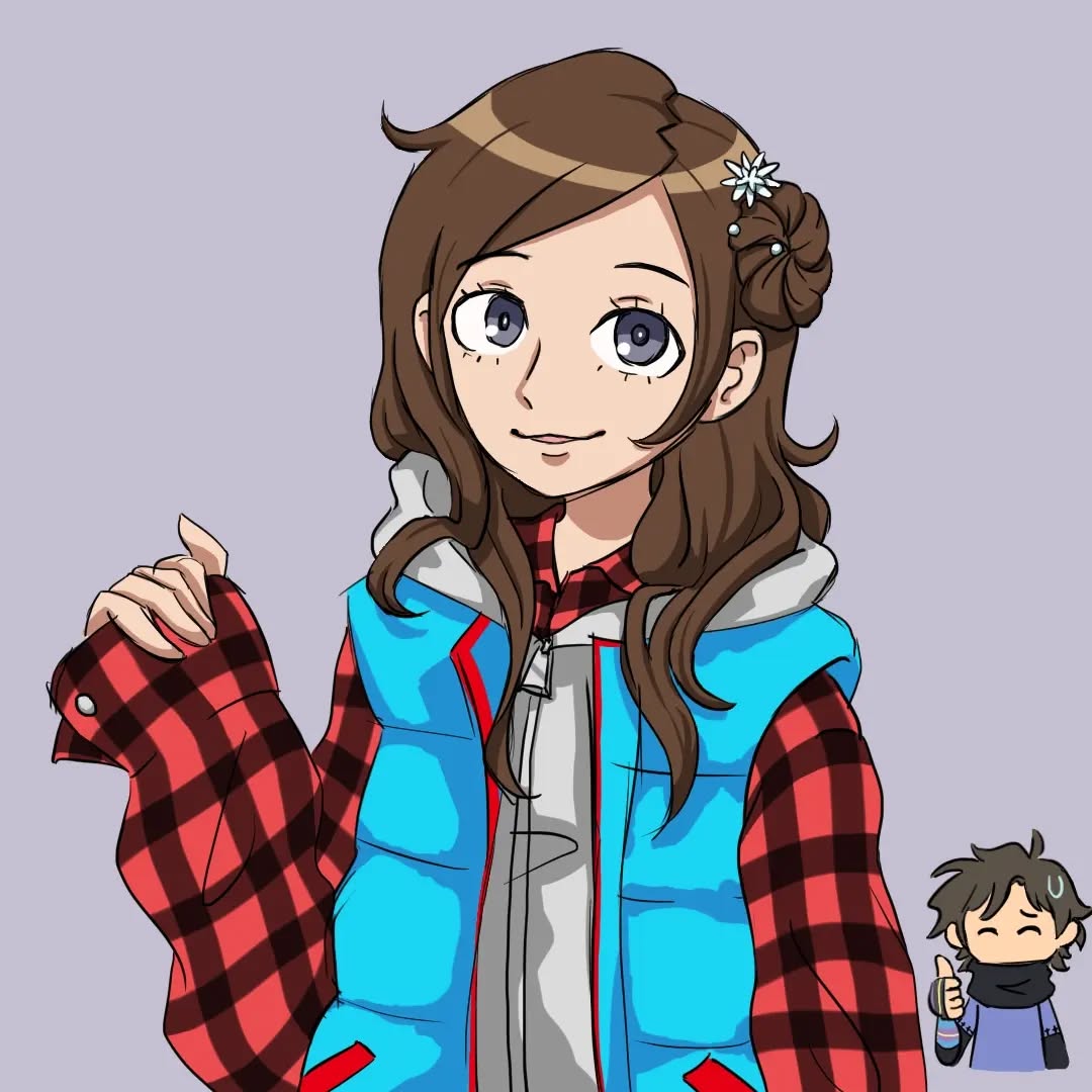 1boy, 1girl, black_scarf, blue_vest, brown_hair, closed_eyes, commentary, cosplay