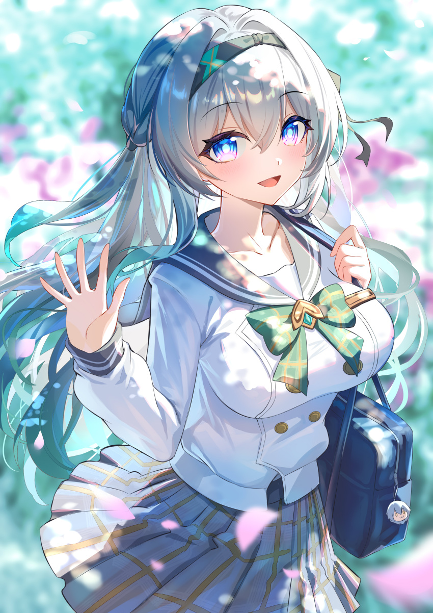 1girl, absurdres, akusamu, bag, blush, bow, bowtie, breasts
