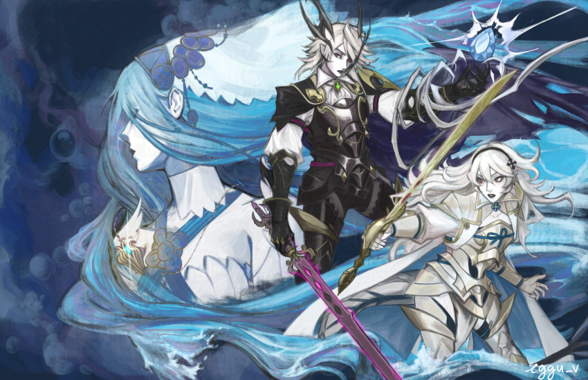 1boy, 2girls, aristocratic_clothes, armor, artist_name, ascot, azura_(fire_emblem), bare_shoulders