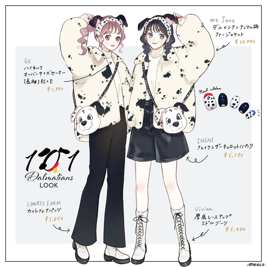 101_dalmatians, 2girls, animification, bag, brown_hair, character_bag, coat, full_body