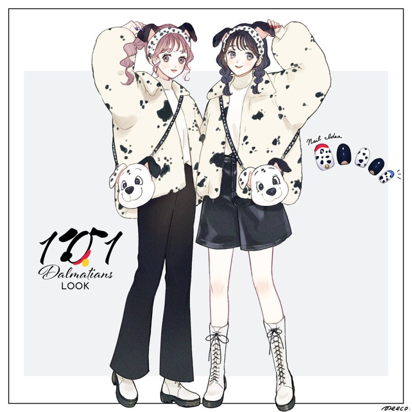 101_dalmatians, 2girls, animification, bag, brown_hair, character_bag, coat, full_body