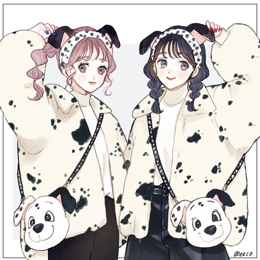 101_dalmatians, 2girls, animification, bag, brown_hair, character_bag, coat, full_body