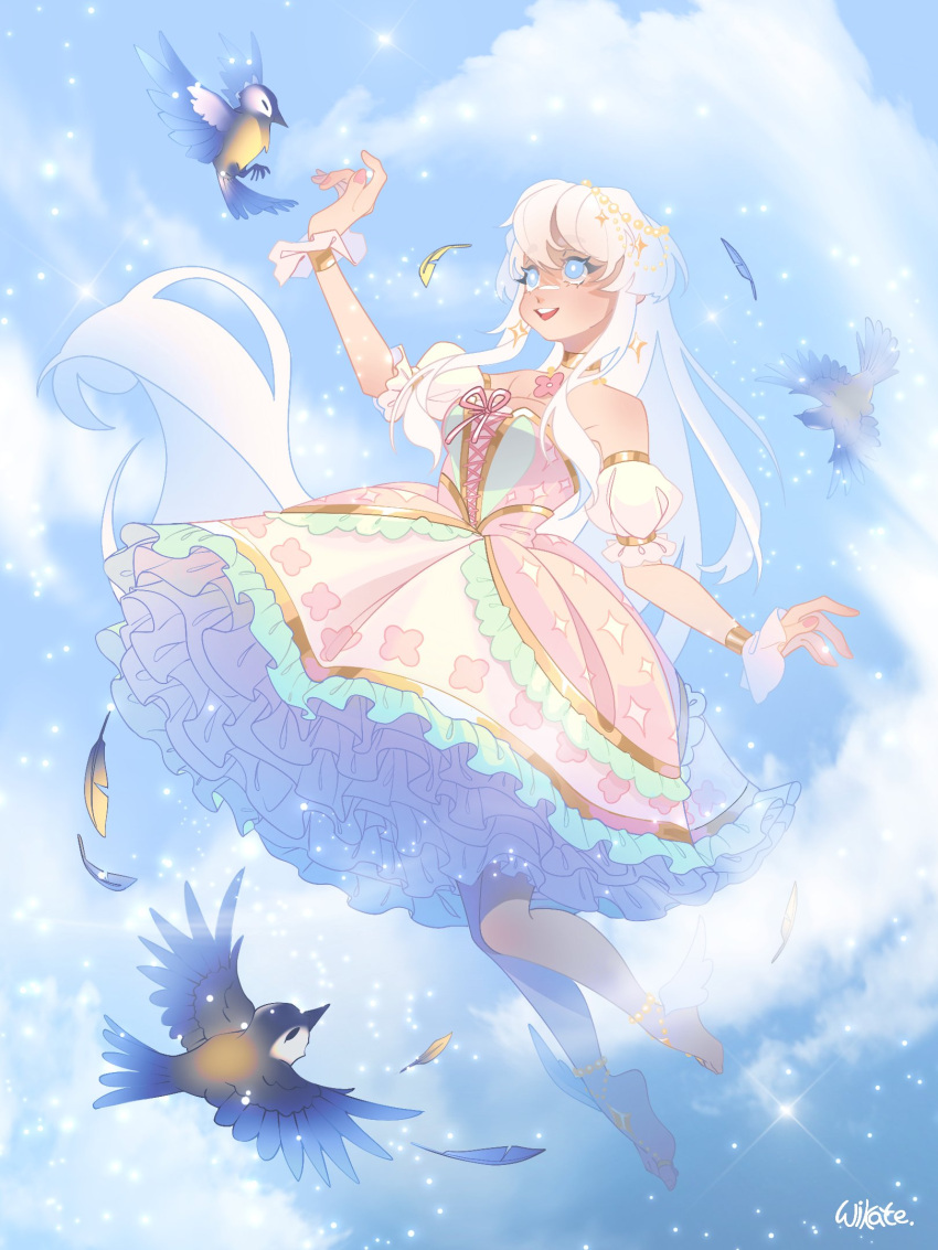 1girl, animal, bare_shoulders, barefoot_sandals_(jewelry), beads, bird, blue_eyes, blue_sky
