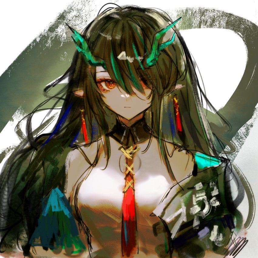 1girl, anpoai, arknights, bare_shoulders, black_hair, chinese_commentary, cleavage_cutout, closed_mouth
