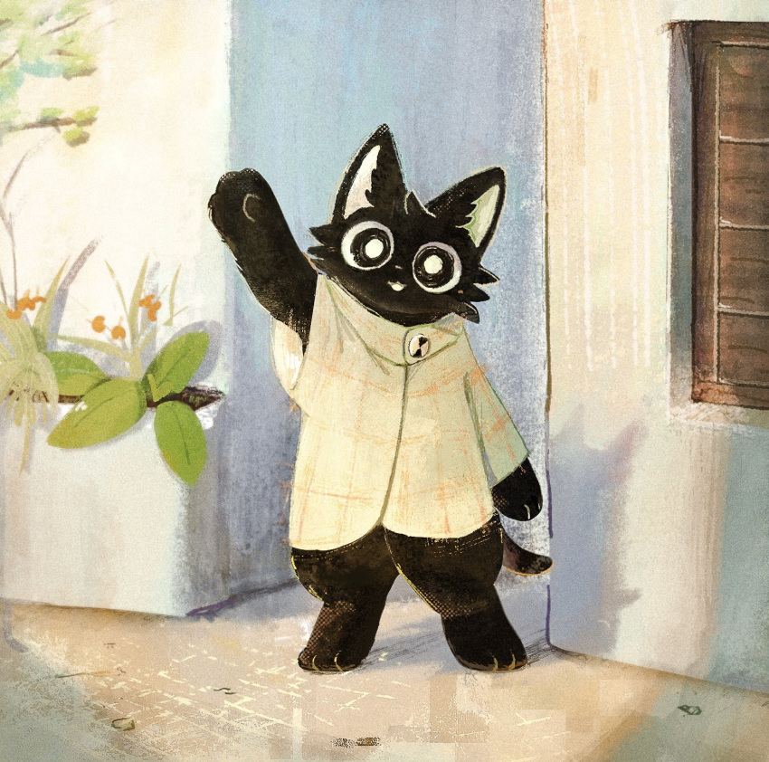 1boy, arm_up, black_fur, bright_pupils, cat_boy, checkered_clothes, furry, furry_male