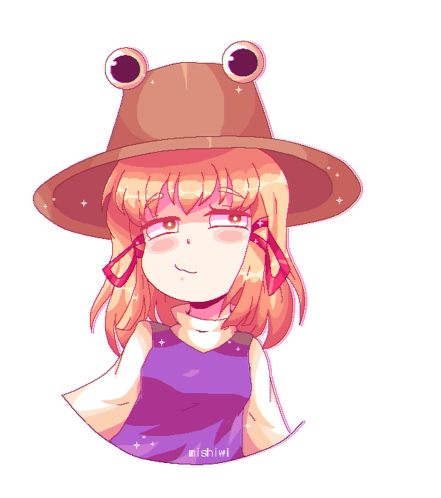 1girl, alpha_transparency, blonde_hair, brown_hat, cropped_torso, hair_ribbon, hat, long_sleeves, medium_hair, moriya_suwako, mosho1502, purple_vest, pyonta, red_ribbon, ribbon, shirt, solo, touhou, transparent_background, upper_body, vest, white_shirt