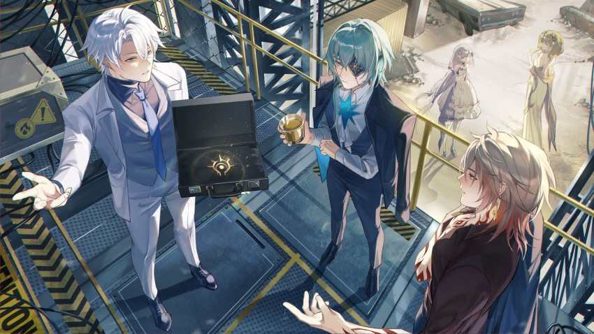 2girls, 3boys, absurdres, aglaea_(honkai:_star_rail), alternate_costume, anaxa_(honkai:_star_rail), arm_tattoo, black_jacket