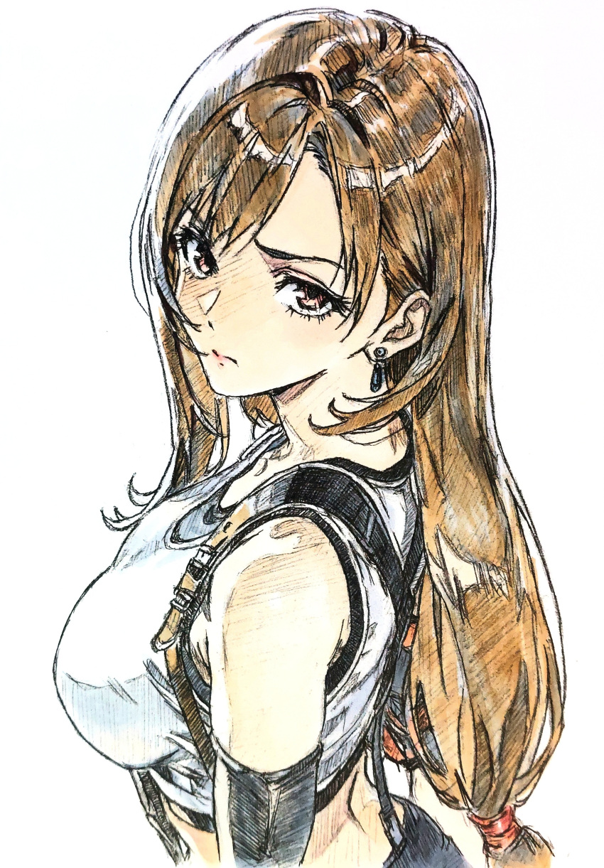 1girl, absurdres, breasts, brown_hair, crop_top, earrings, elbow_gloves, final_fantasy