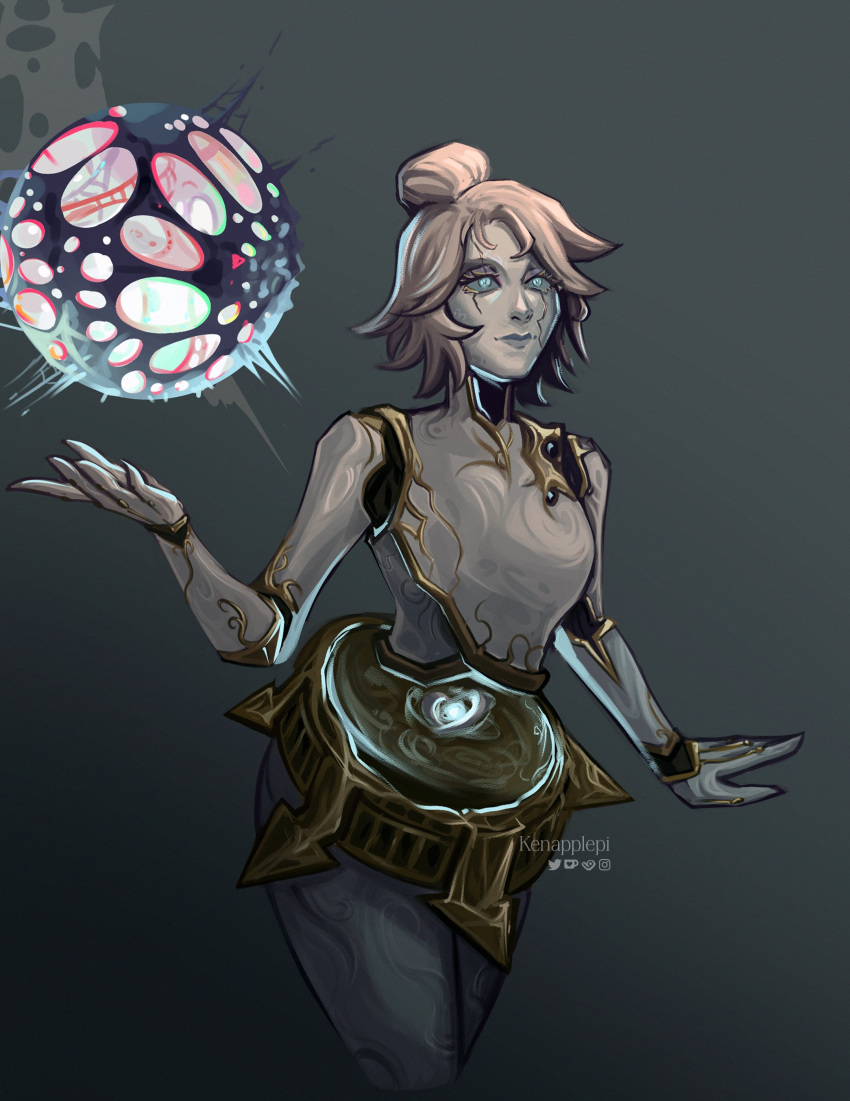 1girl, absurdres, anomaly_(arcane), arcane:_league_of_legends, ball, colored_sclera, cropped_legs, gradient_background