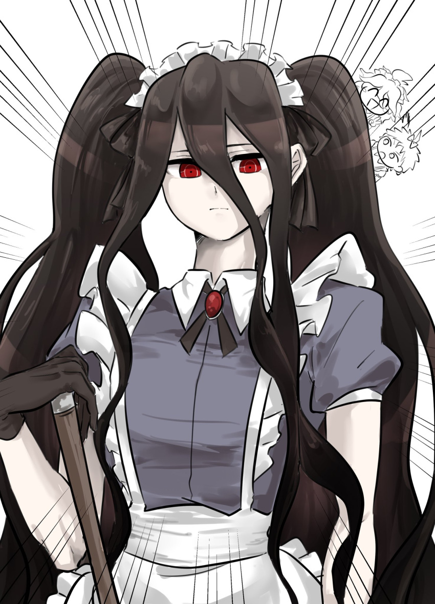 3boys, ahoge, apron, black_gloves, black_shirt, brown_hair, closed_mouth, collared_dress, danganronpa_(series), danganronpa_2:_goodbye_despair, dress, frilled_apron, frills, gloves, gumame1313, hair_between_eyes, highres, hinata_hajime, holding, kamukura_izuru, komaeda_nagito, long_hair, maid_headdress, multiple_boys, puffy_short_sleeves, puffy_sleeves, red_eyes, shirt, short_sleeves, twintails, waist_apron, white_apron, white_background