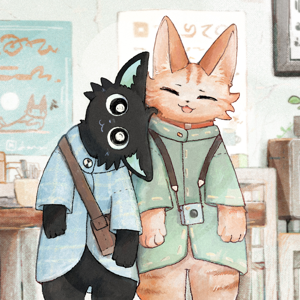 2boys, :3, bag, black_fur, blue_shirt, bright_pupils, brown_fur, camera