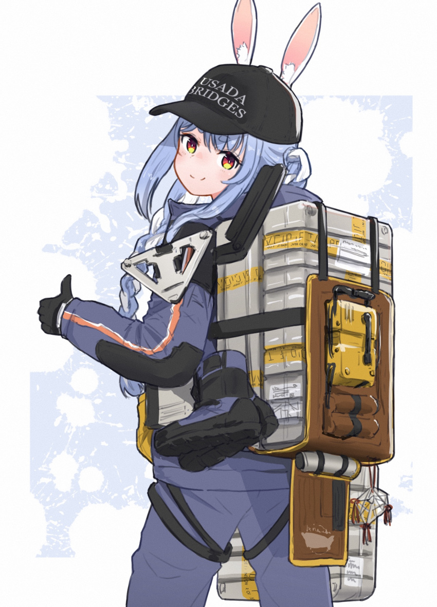 1girl, animal_ears, baseball_cap, black_gloves, black_hat, blue_hair, boots, braid