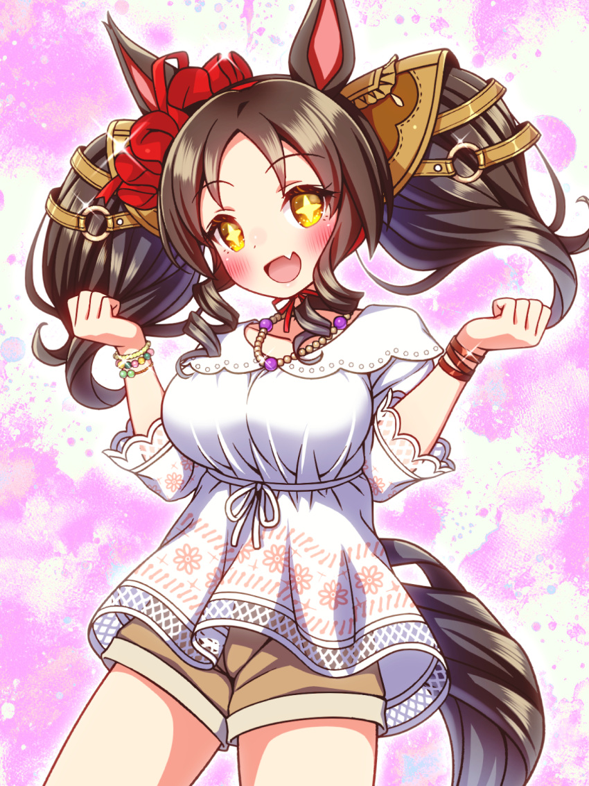+_+, 1girl, animal_ears, blush, breasts, casual, collarbone, commentary_request