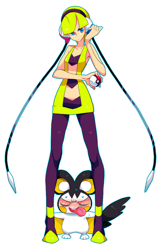 bare_shoulders, between_legs, blonde_hair, blue_eyes, blush, emolga, gym_leader, headphones
