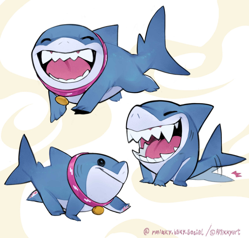 1boy, artist_name, bluesky_username, closed_eyes, closed_mouth, collar, english_commentary, facing_viewer, fangs, fins, fish_tail, highres, jeff_the_land_shark, looking_to_the_side, male_focus, marvel, marvel_rivals, multiple_views, name_tag, open_mouth, r.mikky, shark, shark_fin, shark_tail, smile, tail, tail_wagging, twitter_username, walking