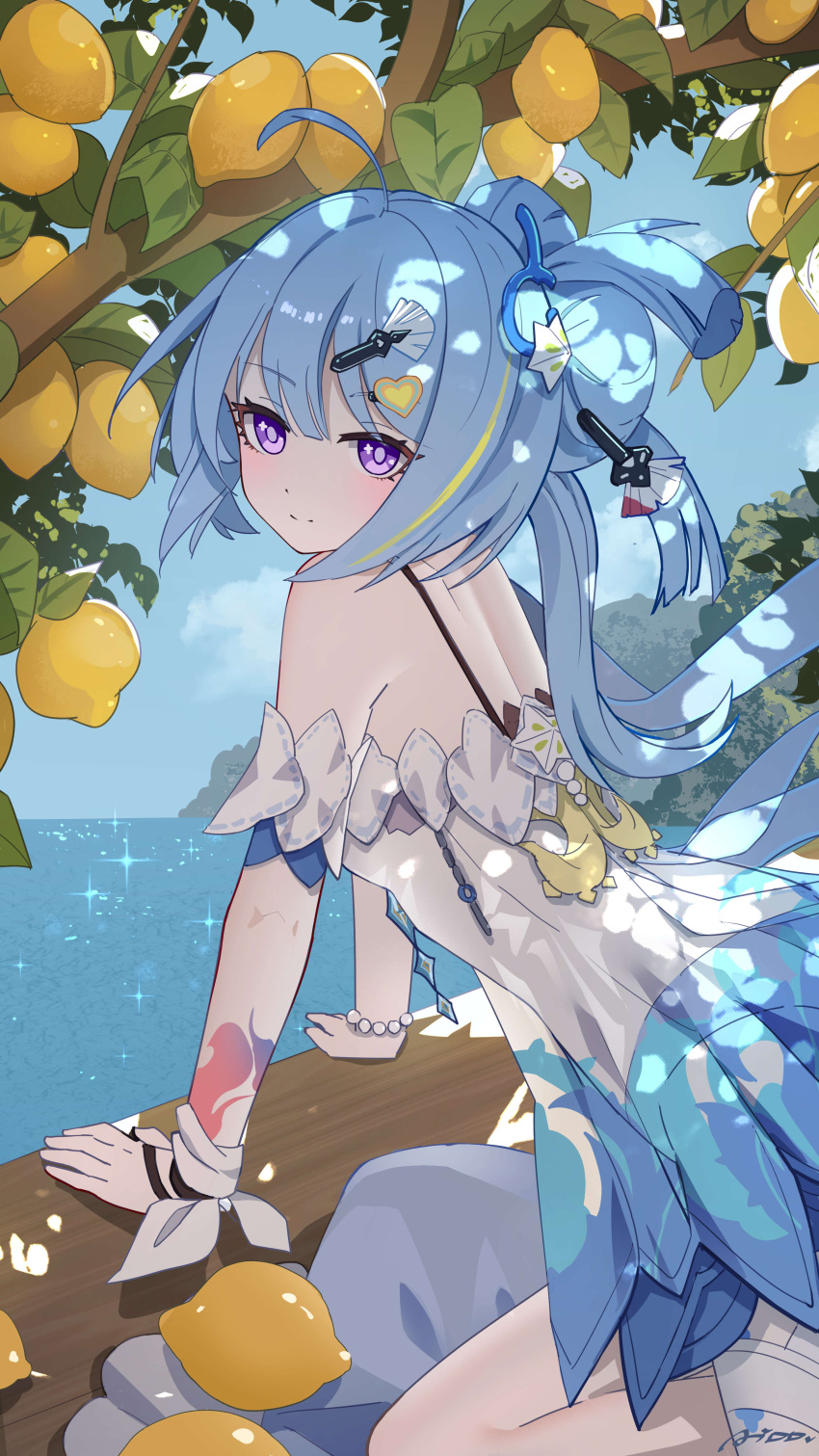 1girl, absurdres, ahoge, ai_dongdong, bare_shoulders, blue_dress, blue_sky, breasts, dress, food, from_side, fruit, griseo, griseo_(starry_impression), griseo_(summer_as_a_painting), hair_ornament, highres, honkai_(series), honkai_impact_3rd, long_hair, looking_at_viewer, ocean, official_alternate_costume, orange_(fruit), orange_tree, outdoors, sky, small_breasts, solo, violet_eyes