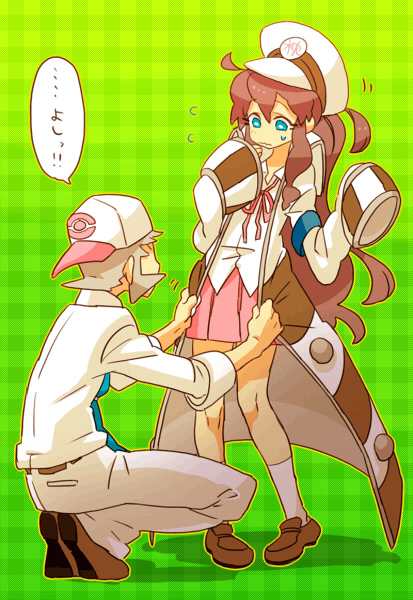 blue_eyes, brown_hair, coat, cosplay, dressing, grey_hair, hat, homura-m, kudari_(pokemon), kudari_(pokemon)_(cosplay), long_hair, nervous, pants, peaked_cap, pokemon, pokemon_(game), pokemon_black_and_white, pokemon_bw, skirt, sleeves_past_wrists, touko_(pokemon)