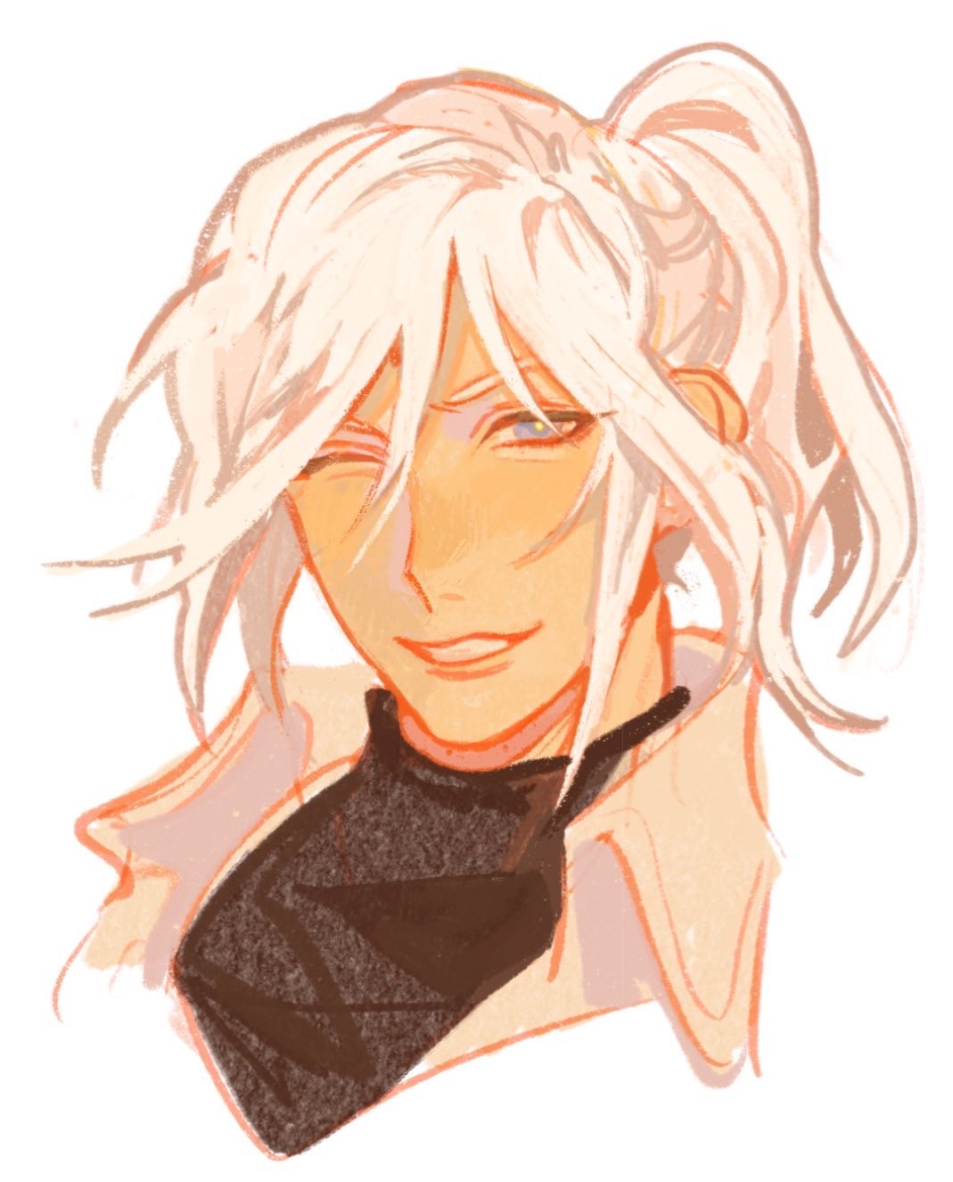 1boy, a3!, black_shirt, blonde_hair, blue_eyes, citron_(a3!), cropped_shoulders, dark-skinned_male, dark_skin, furrowed_brow, grin, hair_between_eyes, high_collar, highres, light_blush, long_bangs, long_hair, looking_at_viewer, male_focus, morisawa_chiaki_(charbroiler), official_alternate_costume, official_alternate_hairstyle, one_eye_closed, parted_bangs, ponytail, portrait, shirt, simple_background, smile, solo, sweater, turtleneck, turtleneck_sweater, v-shaped_eyebrows, white_background