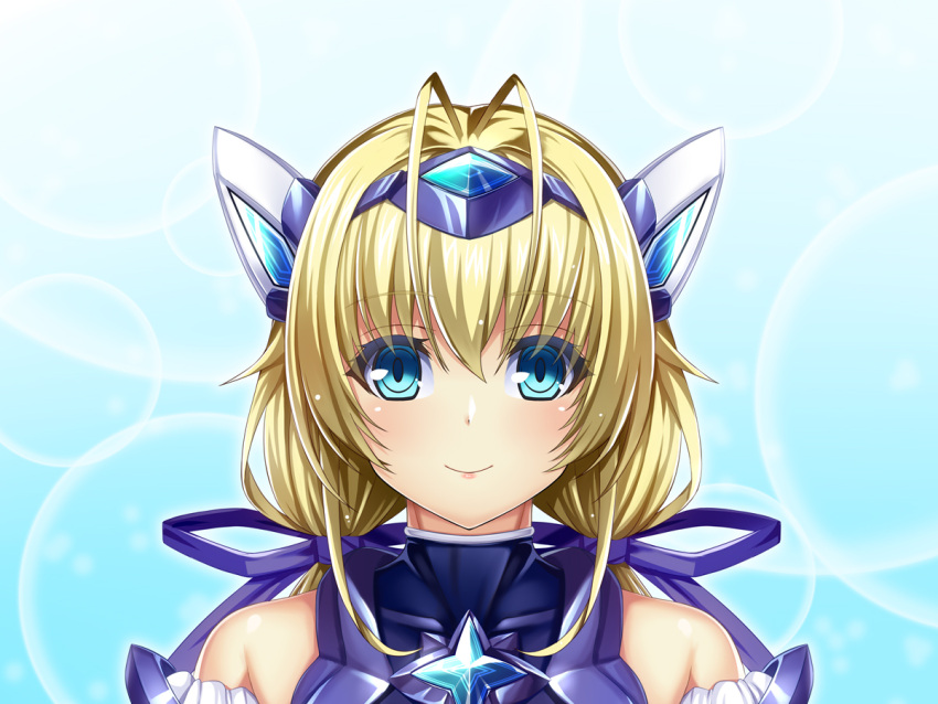 1girl, antenna_hair, bare_shoulders, blonde_hair, blue_background, blue_eyes, exs-tia_spica, gem