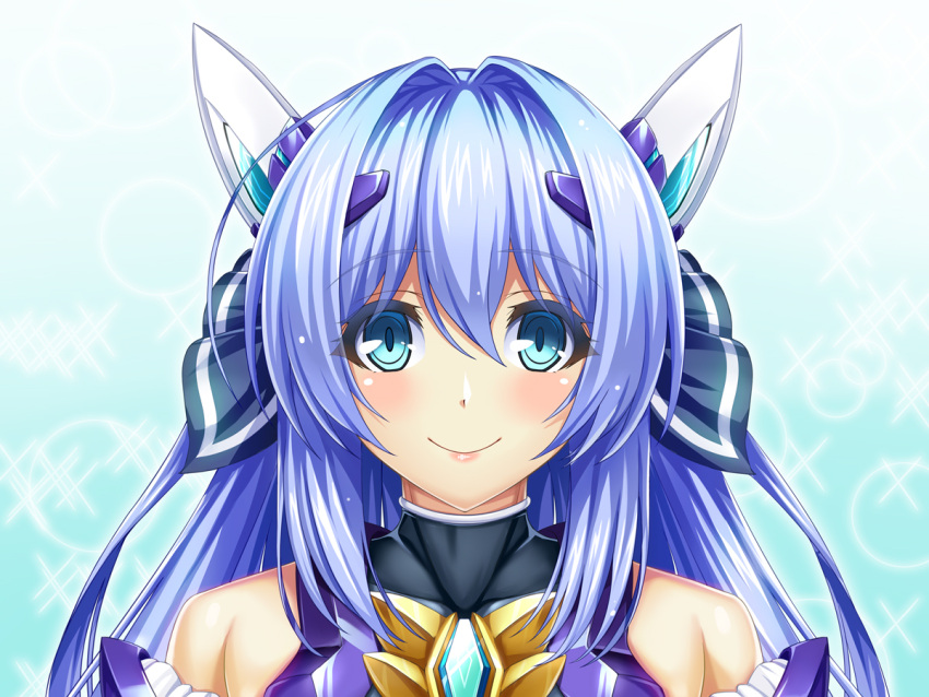 1girl, bare_shoulders, blue_background, blue_eyes, blue_hair, blush, closed_mouth, covered_collarbone