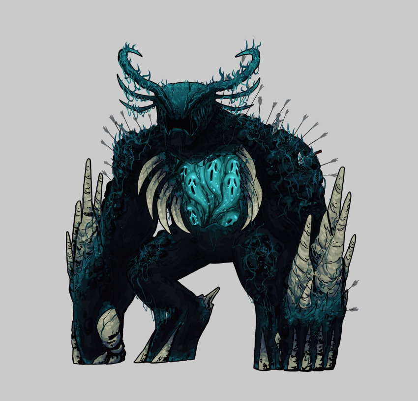 1other, alexandresar99, all_fours, arrow_(projectile), arrow_in_body, clenched_hands, english_commentary, exposed_bone, faceless, full_body, ghost, grey_background, highres, horns, minecraft, monster, multiple_horns, no_humans, ribs, solo, warden_(minecraft)