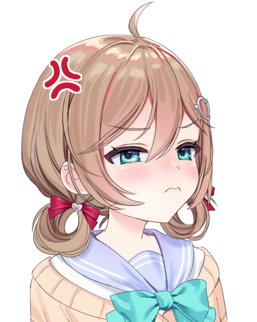 1girl, ahoge, anger_vein, aqua_bow, aqua_bowtie, blue_eyes, blue_sailor_collar, blush, bow, bowtie, brown_hair, cardigan, closed_mouth, from_side, hair_between_eyes, hair_ribbon, hair_rings, neuro-sama, nose_blush, red_ribbon, ribbon, riku_pam, sailor_collar, school_uniform, serafuku, simple_background, solo, upper_body, vedal_ai, virtual_youtuber, white_background, white_serafuku, yellow_cardigan