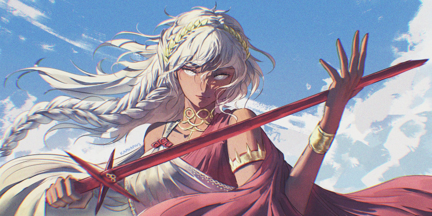 1girl, arie_hagipherione_zahard, arm_up, artist_name, bare_shoulders, blue_sky, bracelet, braid
