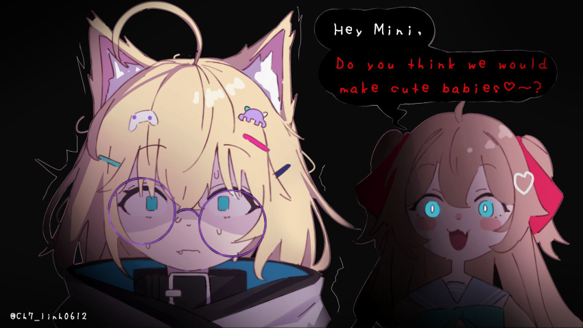 2girls, ahoge, animal_collar, animal_ear_fluff, animal_ears, black_background, black_collar, blonde_hair