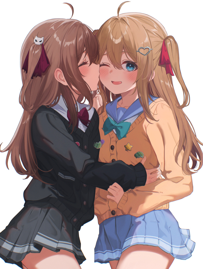 2girls, absurdres, ahoge, aqua_bow, aqua_bowtie, black_cardigan, black_skirt, blue_eyes