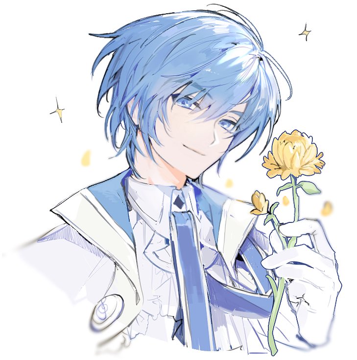 1boy, bishounen, blue_eyes, blue_hair, blue_necktie, buckto, check_flower, closed_mouth