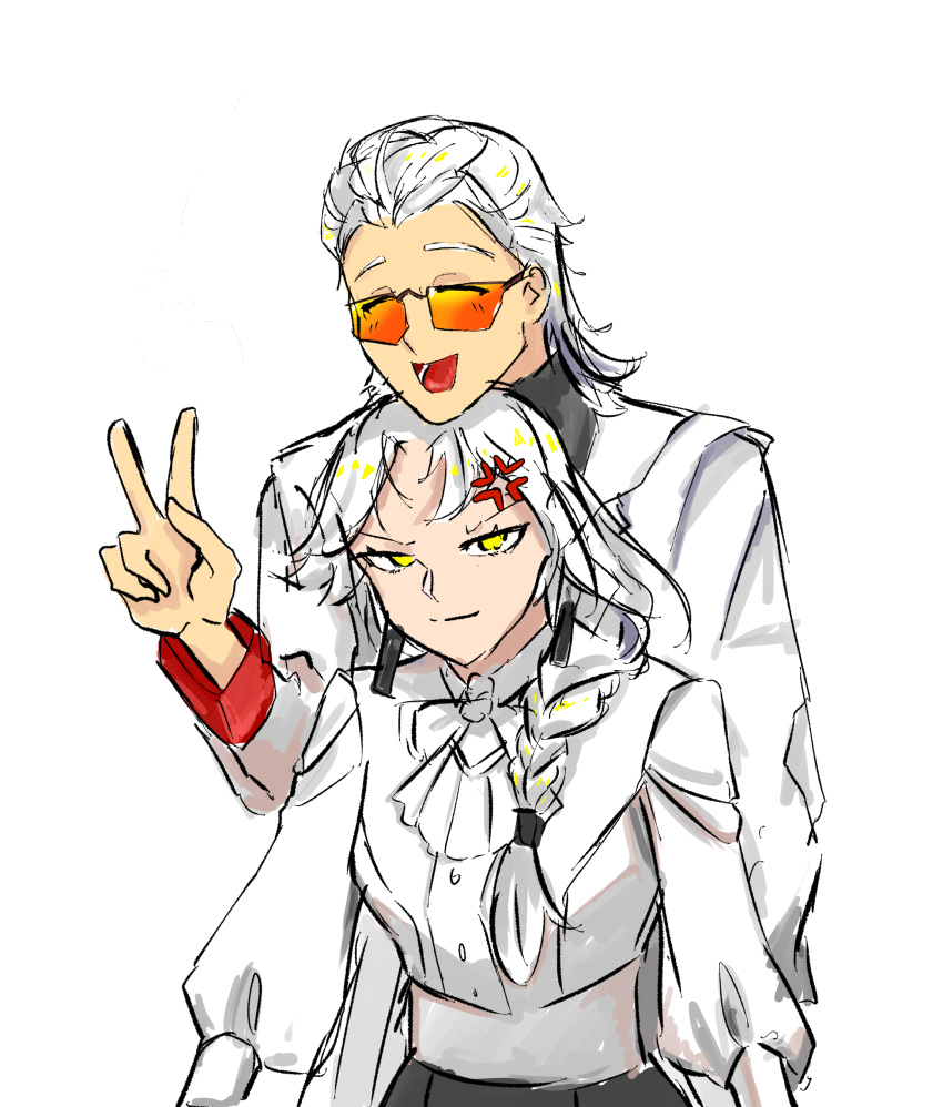 1boy, 1girl, absurdres, angry, couple, earrings, glasses, head_on_head