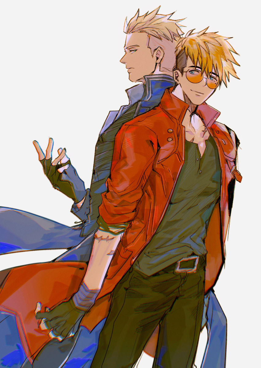 2boys, arm_up, belt, belt_buckle, black_belt, black_gloves, black_hair, black_pants