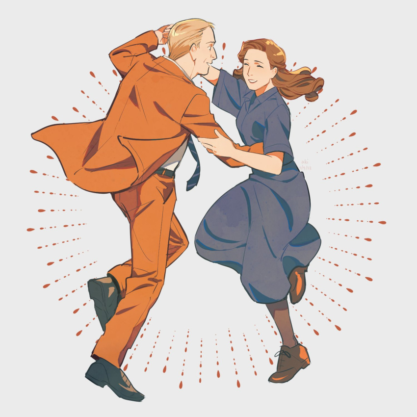 1boy, 1girl, ^_^, aakipple, blonde_hair, blue_dress, brown_hair, brown_pants