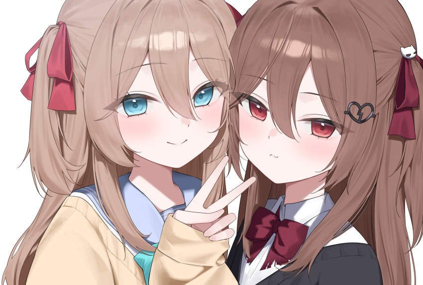 2girls, absurdres, aqua_bow, aqua_bowtie, black_cardigan, blue_eyes, blue_sailor_collar, blush